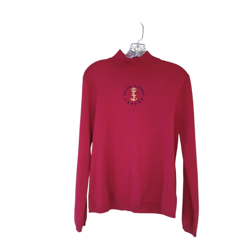 Lauren Ralph Lauren Vintage Red Button Neck Monogram Cotton Sweater Large